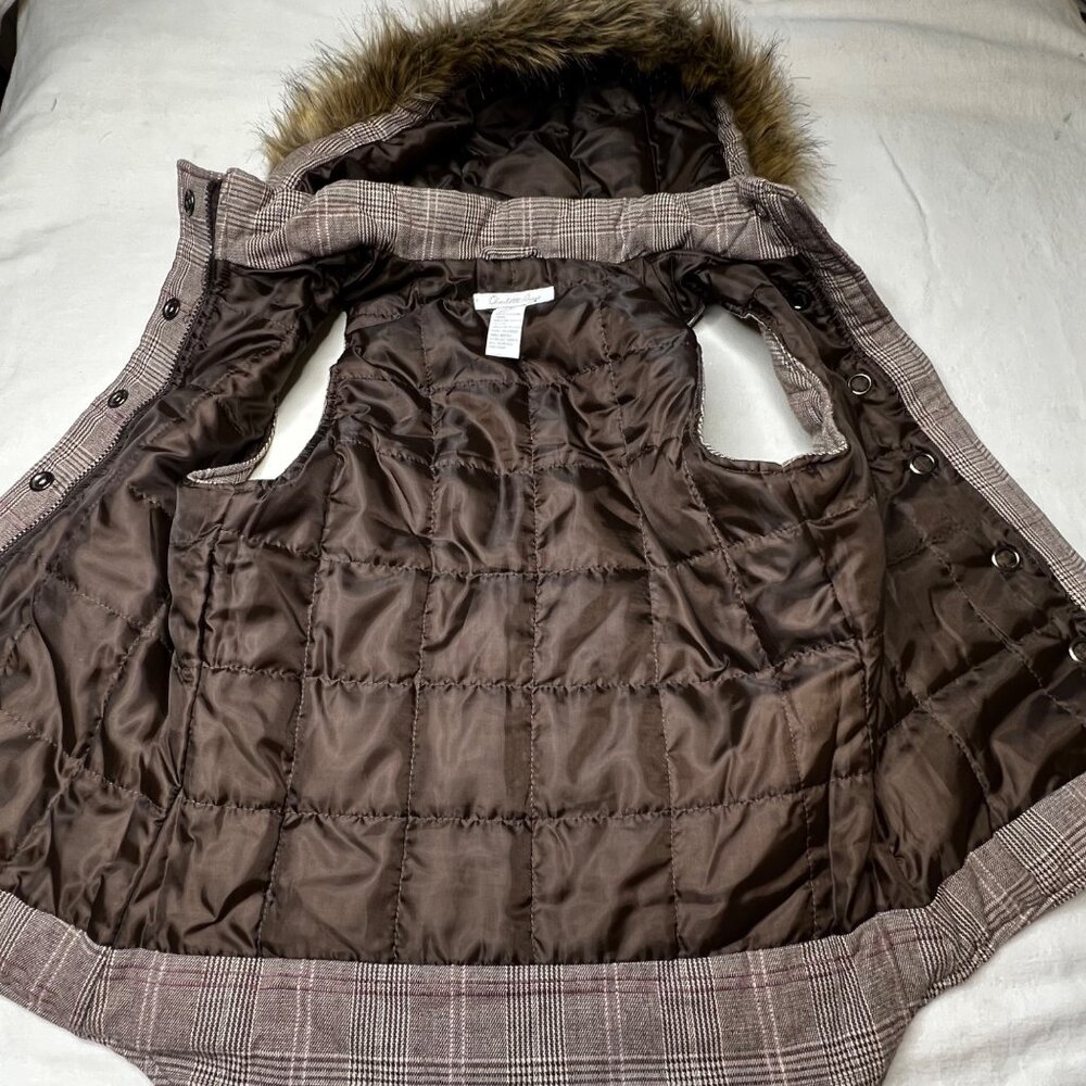 Charlotte Russe Plaid Puffer Vest Faux Fur Hood Brown S Snap Full Zip Pockets - Picture 14 of 16